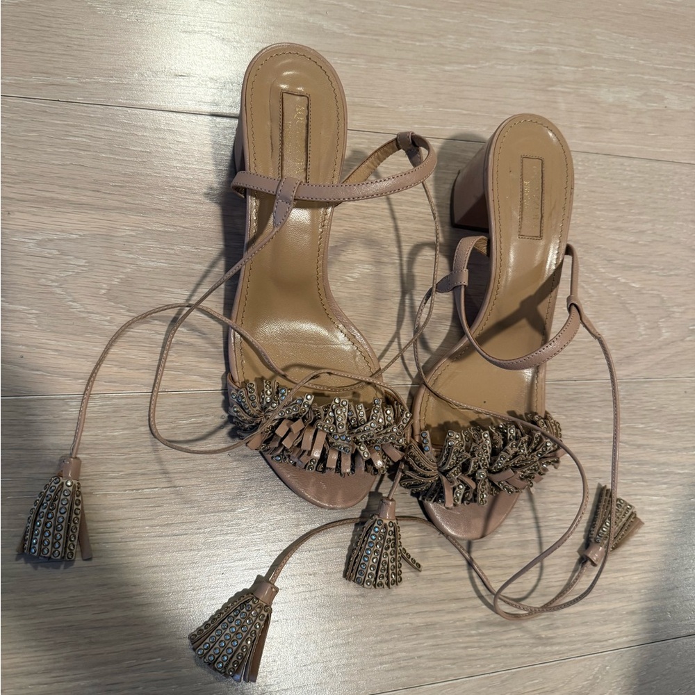 Aquazzura Tan Women's Sandals with Tassels and crystals